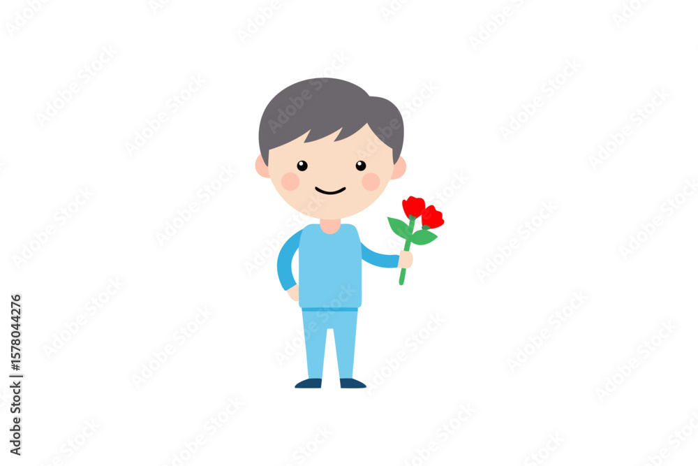 Boy Presenting Flowers With A Shy Smile On White Background Boy Presenting Flowers With A Shy Smile On White Background