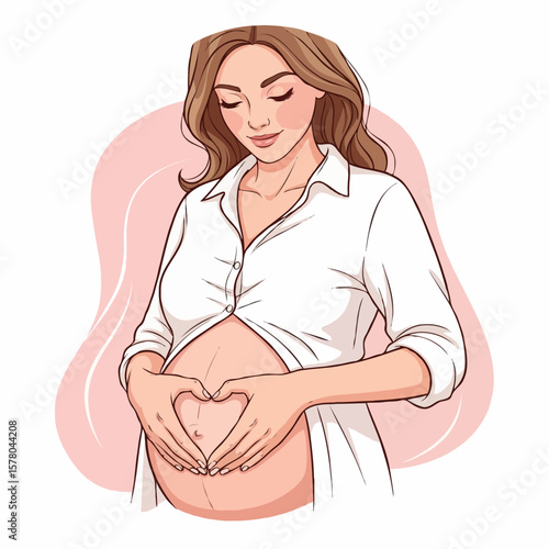 Pregnant Woman Making Heart Shape on Her Belly with Hands, Symbol of Love and Motherhood