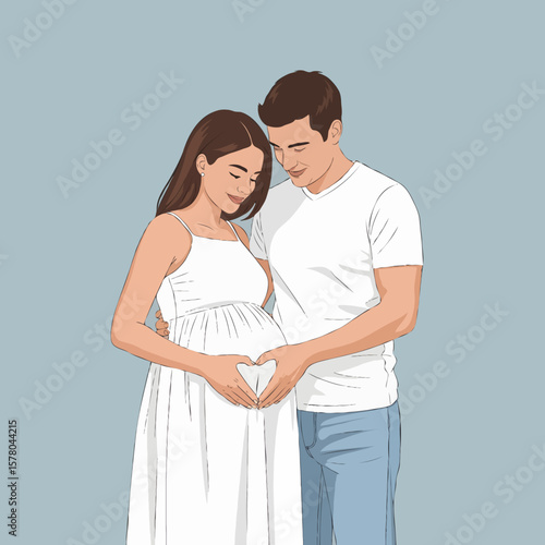 Pregnant Couple Making Heart Shape with Hands on Belly, Symbol of Love and Parenthood