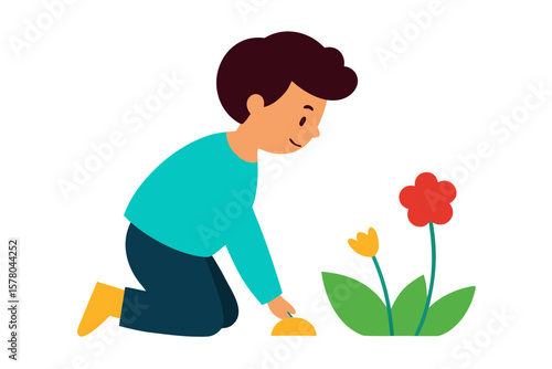 Boy Kneeling To Pick A Flower In Spring Garden