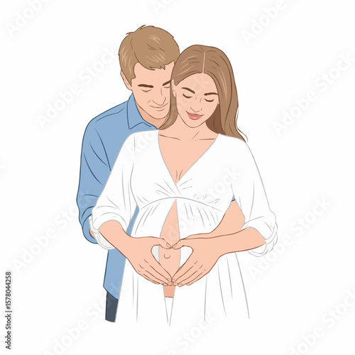 Pregnant Couple Making Heart Shape with Hands on Belly, Symbol of Love and Parenthood
