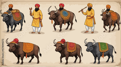 Two ornately decorated bulls are led by men wearing regional garments, each animal draped in patterned cloth and embellishments. A small black dog adds a whimsical touch to this pastoral scene, sugges