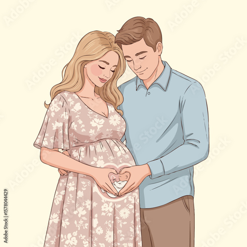Pregnant Couple Making Heart Shape with Hands on Belly, Symbol of Love and Parenthood