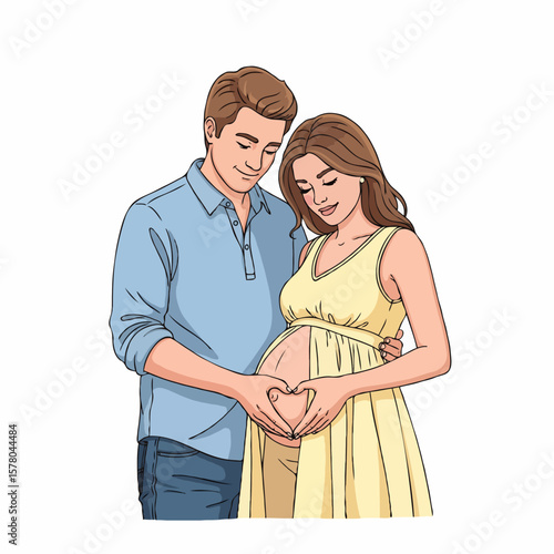 Pregnant Couple Making Heart Shape with Hands on Belly, Symbol of Love and Parenthood