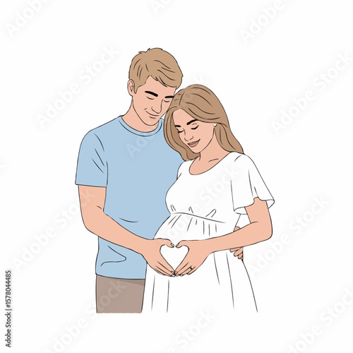 Pregnant Couple Making Heart Shape with Hands on Belly, Symbol of Love and Parenthood