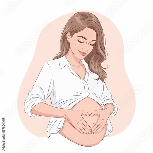 Pregnant Woman Making Heart Shape on Her Belly with Hands, Symbol of Love and Motherhood