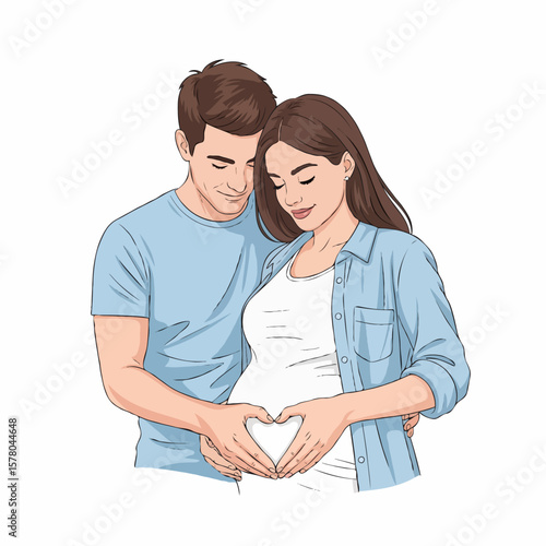 Pregnant Couple Making Heart Shape with Hands on Belly, Symbol of Love and Parenthood