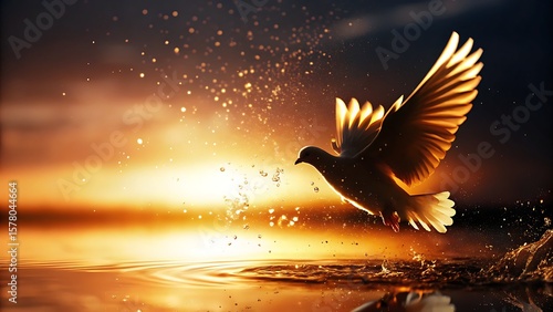 A dove takes flight over water at sunset creating ripples and golden light effects