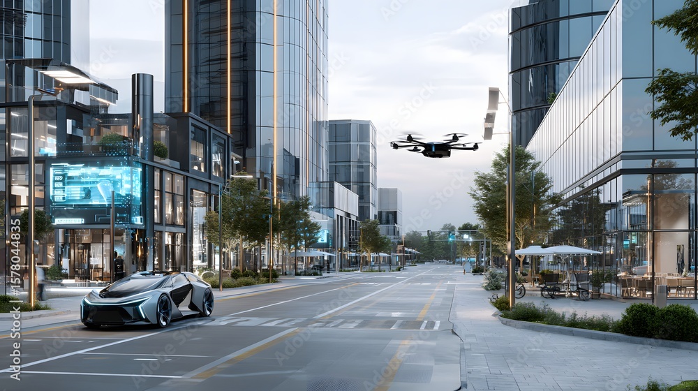 Fototapeta premium Futuristic city scene with autonomous vehicle, drone delivery, and AI-driven public signage. No people shown. Realistic and high-tech setting.