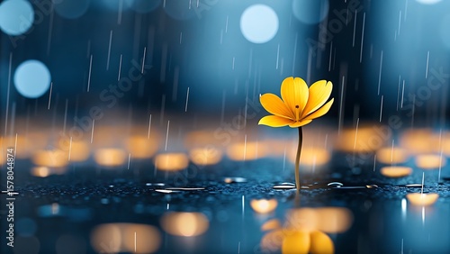 A single yellow flower standing in the rain with blurred bokeh in the background