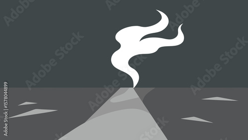 Abstract illustration featuring white smoke rising from a grayscale geometric landscape design