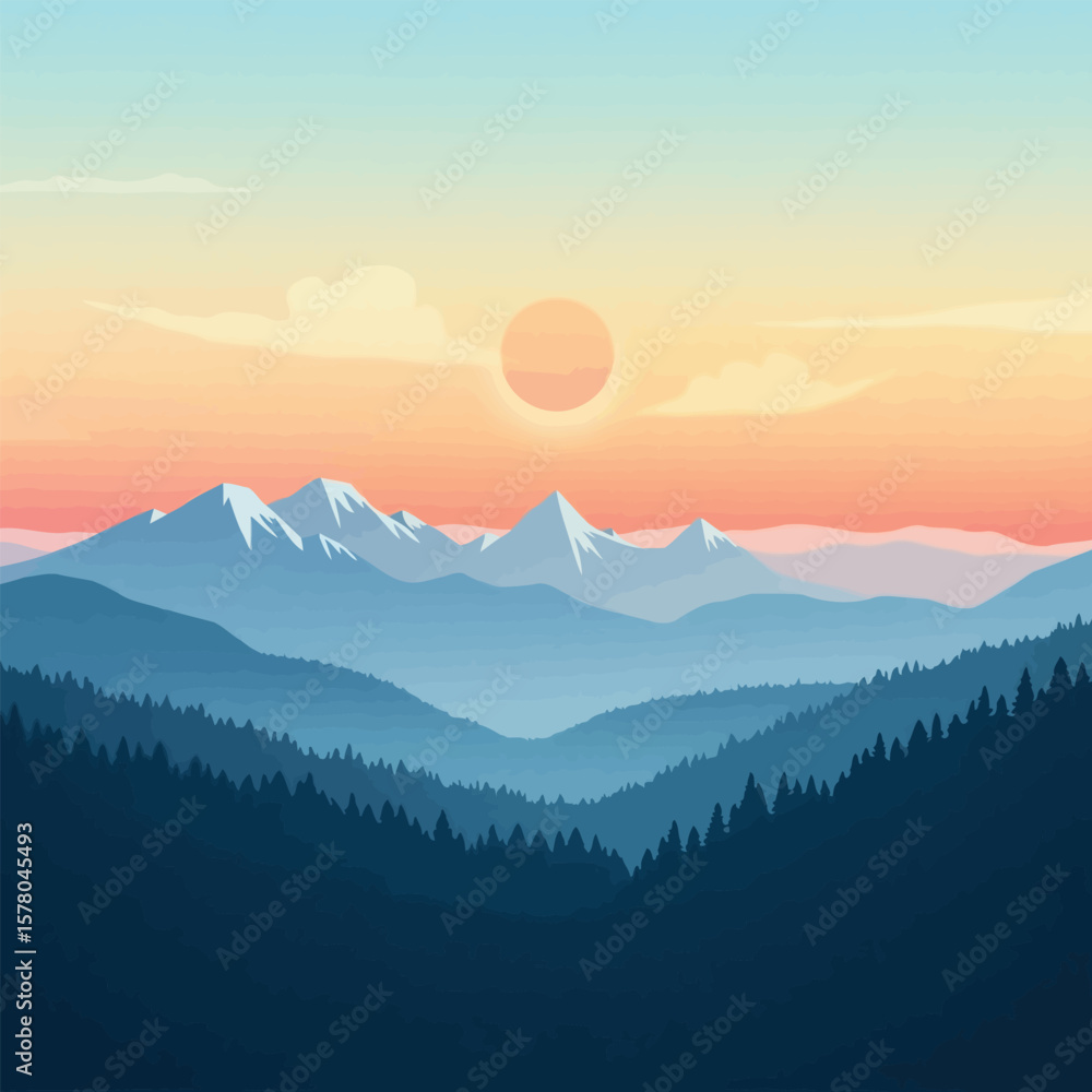 Fototapeta premium Peaceful sunrise over layered pine forest and mountains vector art