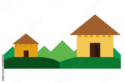 Minimal Village Scene With Two Huts On Plain Background