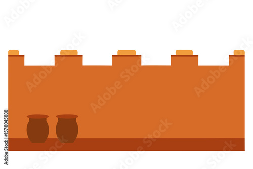 Boundary Wall With Earthen Pots On White Background