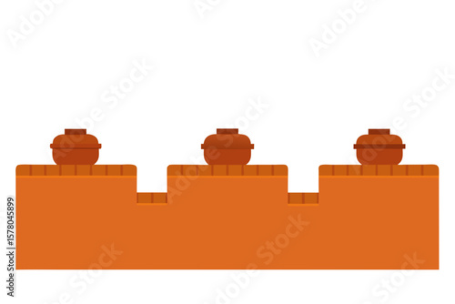 Boundary Wall With Earthen Pots On White Background