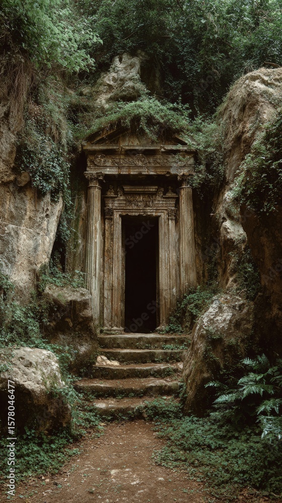 Fototapeta premium Ancient stone tomb entrance in lush forest setting