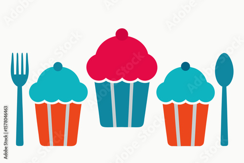 Cupcake Trio On White Plate With Coordinated Cutlery