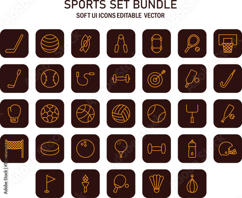 Collection of diverse sports equipment icons displayed against a unified dark background offering a broad sporting
