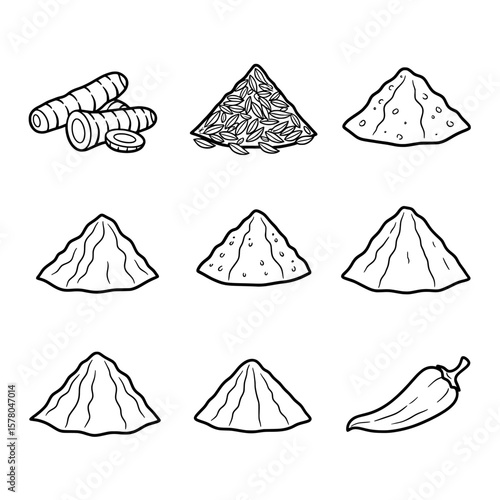 Collection of spices and chili pepper outlines for culinary use