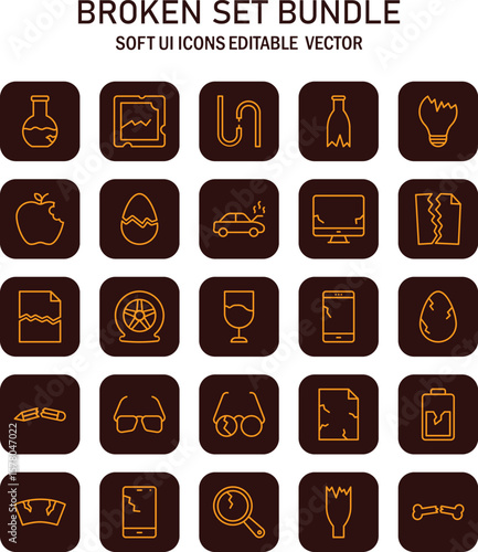 Diverse and Editable Vector Icon Set Representing Breakage and Disruption for UI Design Applications