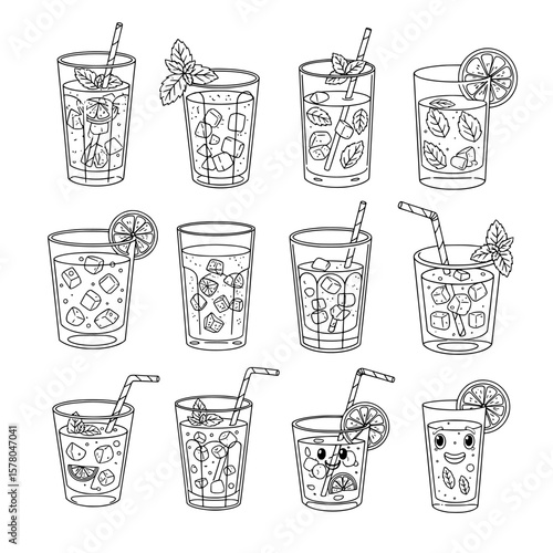 Set of twelve glass beverage outlines with lemon mint and fruit infused drinks