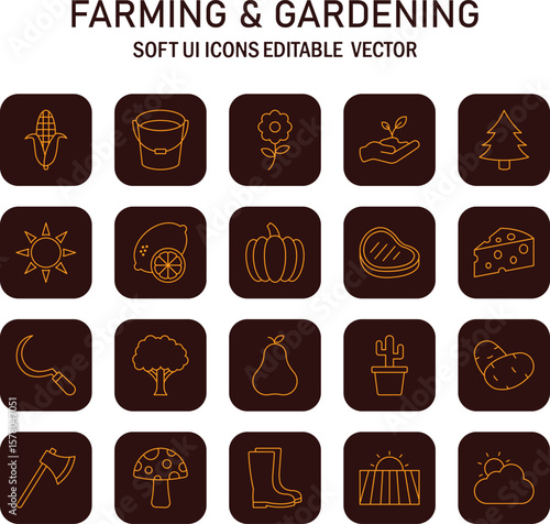 Collection of visually appealing soft ui icons depicting agricultural and horticultural elements in a vector format