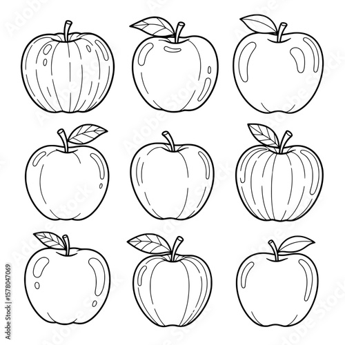 Set of hand-drawn apples with leaves in line art style for food and fruit themes