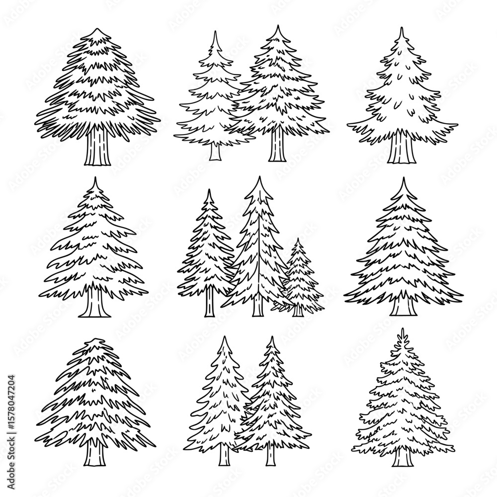 Obraz premium Set of hand-drawn pine trees with sketchy style for nature scenes