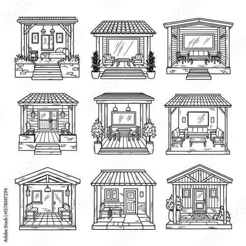 Collection of small cabins with porches and outdoor seating
