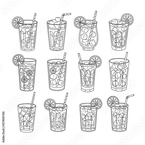 Collection of tall glass drinks with ice and citrus garnishes