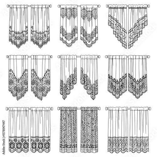 Set of detailed lace curtains with various patterns for windows