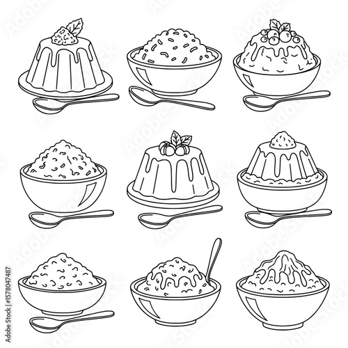Set of nine dessert bowls with various pudding and jelly dishes