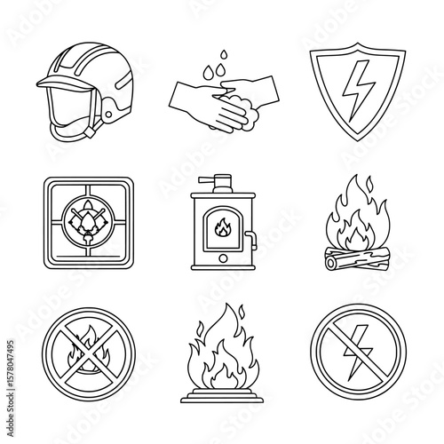 Set of safety and fire protection line icons for awareness