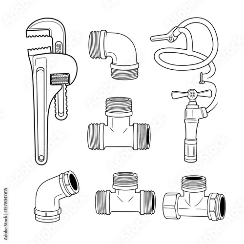 Set of plumbing pipe fittings and tools for water supply systems