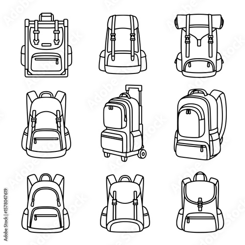 Line art backpacks collection with various styles and views