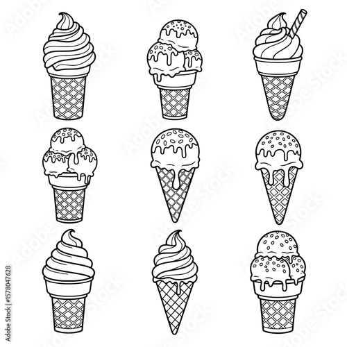 Ice cream cones with different toppings and styles for desserts