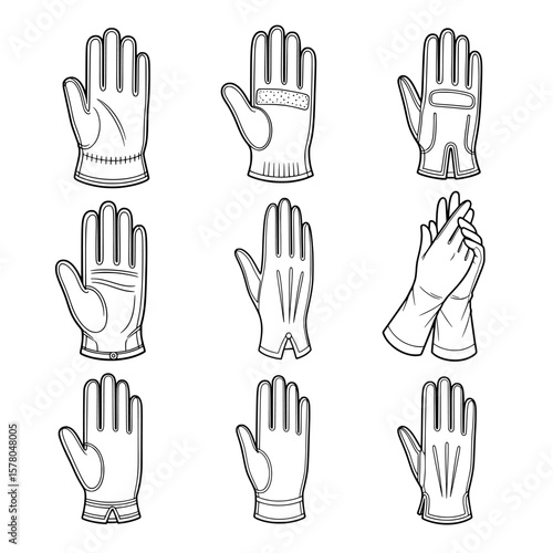Set of nine different glove styles on black background