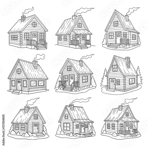 Set of nine houses with wood exterior and smoke coming from chimneys