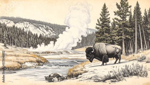 Illustration of Buffalo Amidst the Geysers in Yellowstone 108