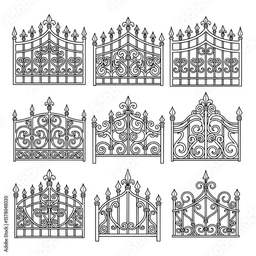 Set of ornate metal gate designs with detailed scrollwork and finials