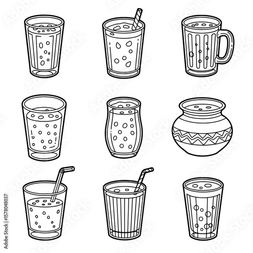 Collection of various soft drink glasses and mugs with straws and patterns