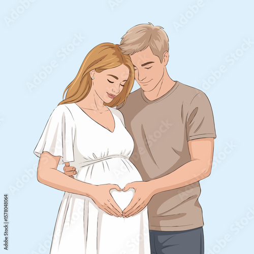 Pregnant Couple Making Heart Shape with Hands on Belly, Symbol of Love and Parenthood