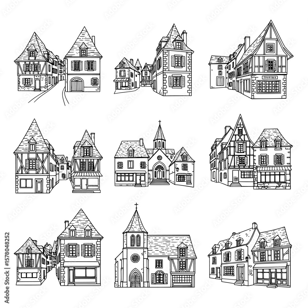 Fototapeta premium Collection of detailed house facades with varied architecture styles