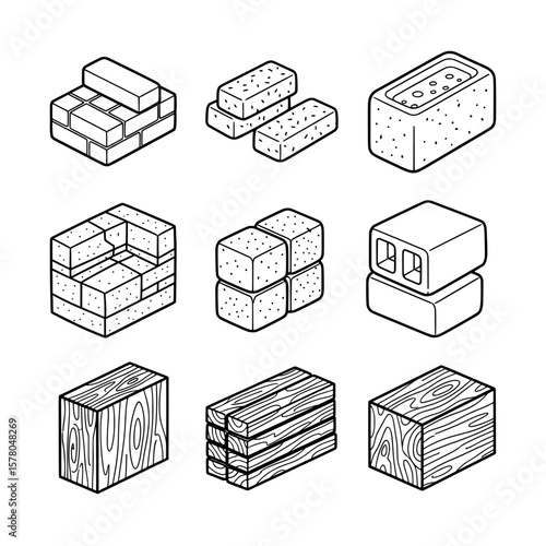 Set of outline blocks including brick, wooden, and cushioned types