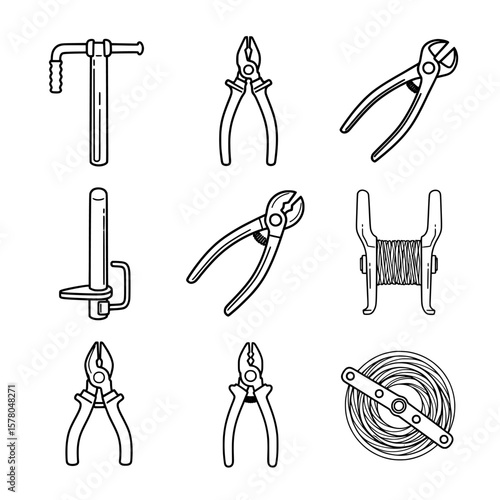 Hand tools for gardening and construction set with pliers hammer and wire spool