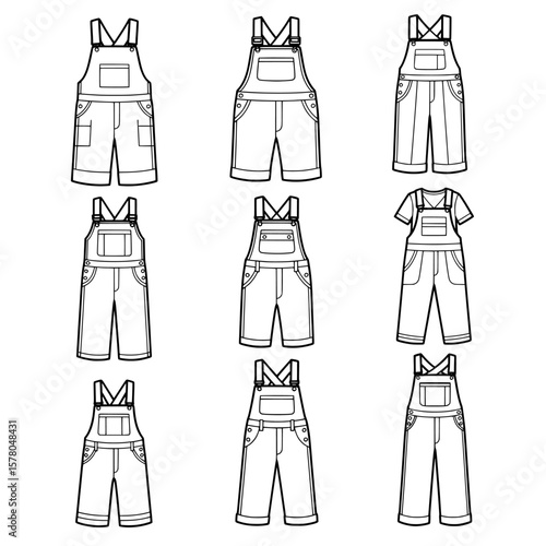 Set of overalls and t-shirts with different styles and details