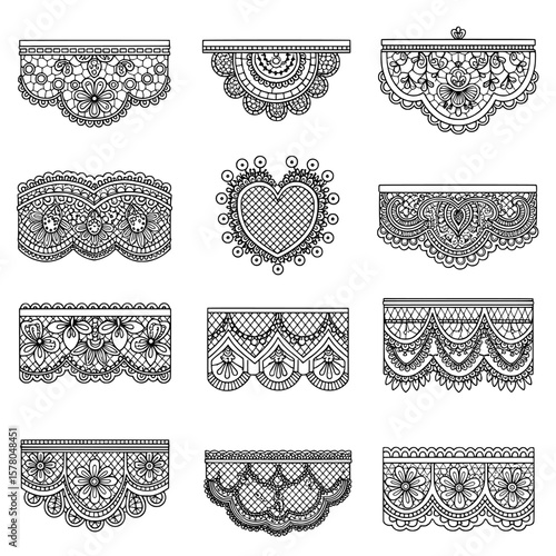Set of lace borders with floral and heart patterns for decoration