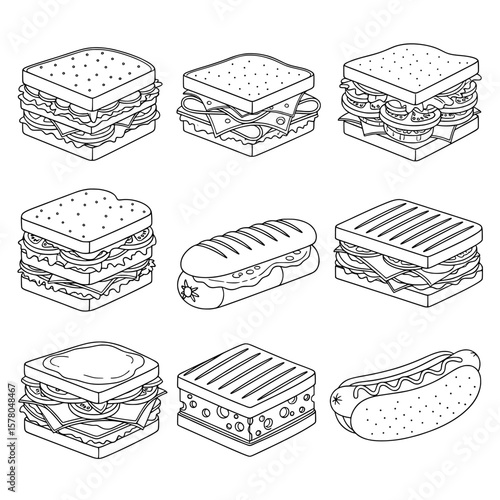 Collection of sandwich and hot dog line art illustrations