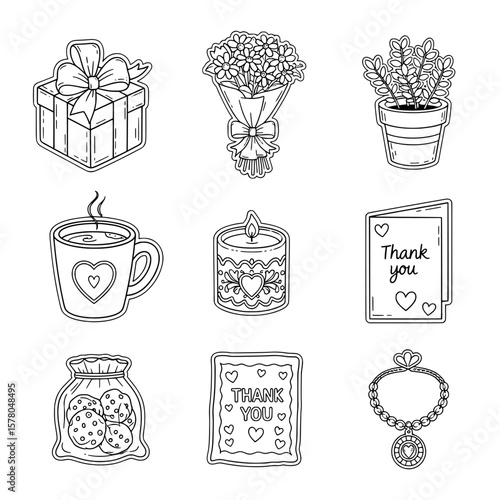 Set of line art drawings featuring flowers, gifts, candles, and thank you cards
