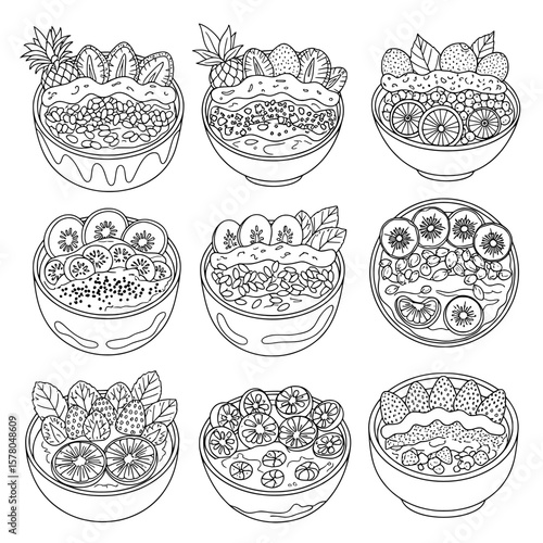 Set of nine fruit salad bowls with different fruit combinations